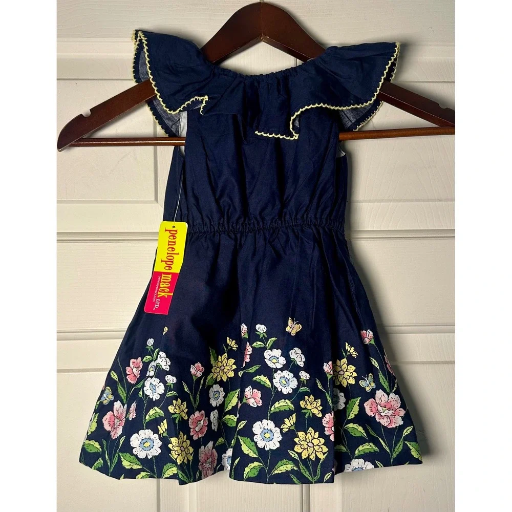 Penelope Mack‎ Navy Blue Floral Print 12 M Spring Dress with Yellow Trim NWT